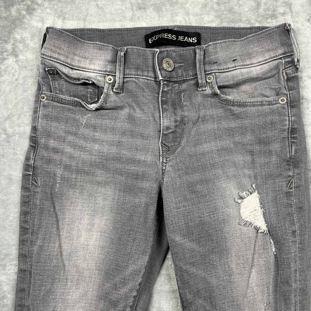 Express Jeans Women 2R Grey Distressed Performance Stretch Mid Rise Skinny - Picture 3 of 13